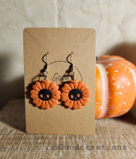 Black Skull Orange Flower Earrings